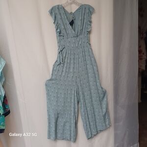Blue Rain Blue Ruffled V-Neck Jumpsuit Size S